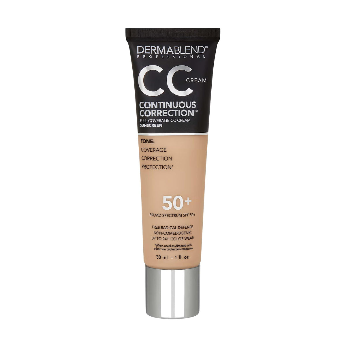 Dermablend Corrección Continua Crema CC en botella, tono uniforme y cobertura duradera.