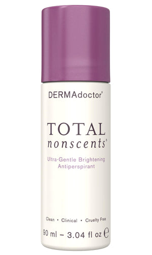 DERMAdoctor antitranspirante para piel sensible en botella clara, protección suave sin residuos visibles.