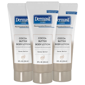Dermasil loción corporal manteca cacao 3-pack frente, hidratación suave para piel seca.