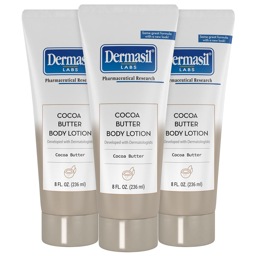 Dermasil loción corporal manteca cacao 3-pack frente, hidratación suave para piel seca.