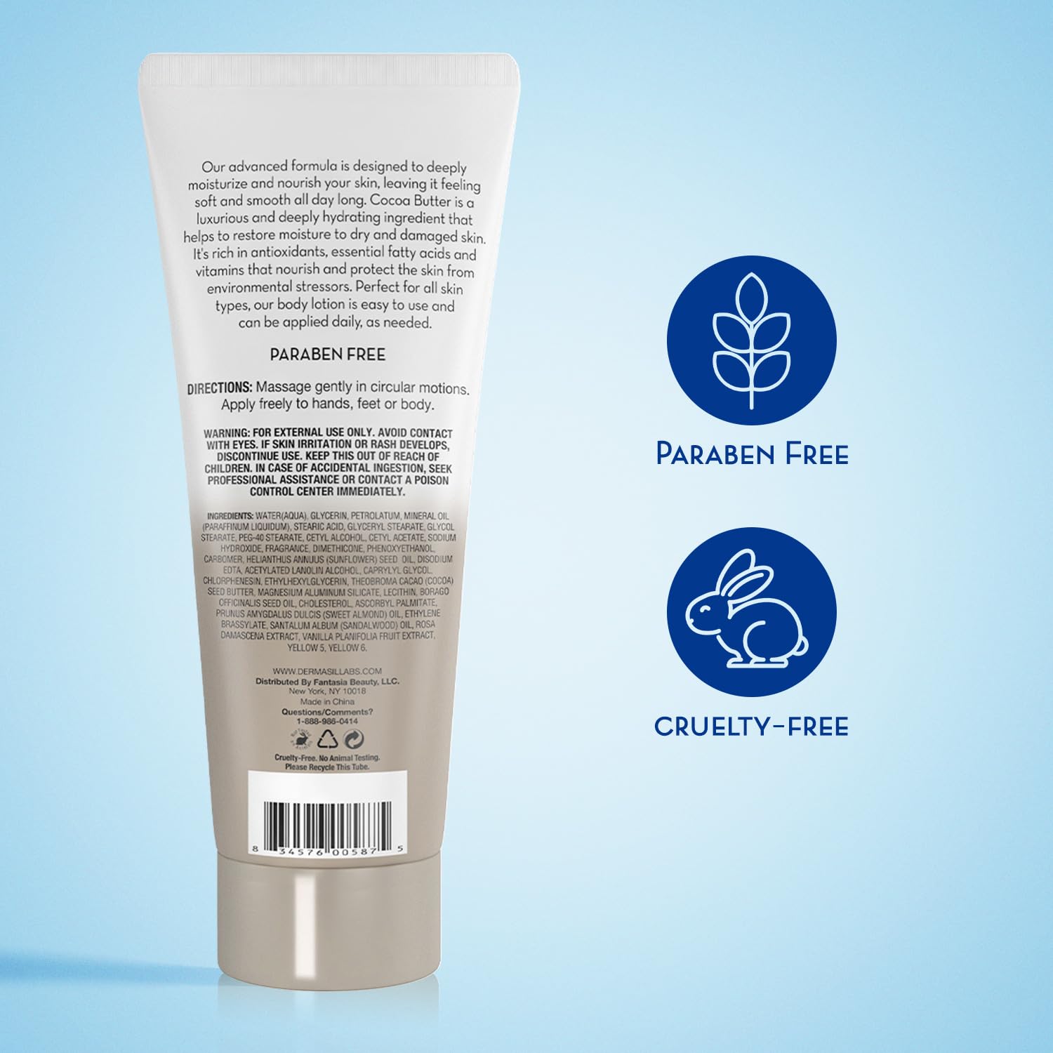 Dermasil loción corporal textura cremosa, absorción rápida en la palma.