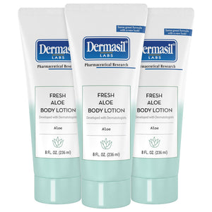 Dermasil loción corporal Aloe, botella frontal, hidratación suave para piel extremadamente seca