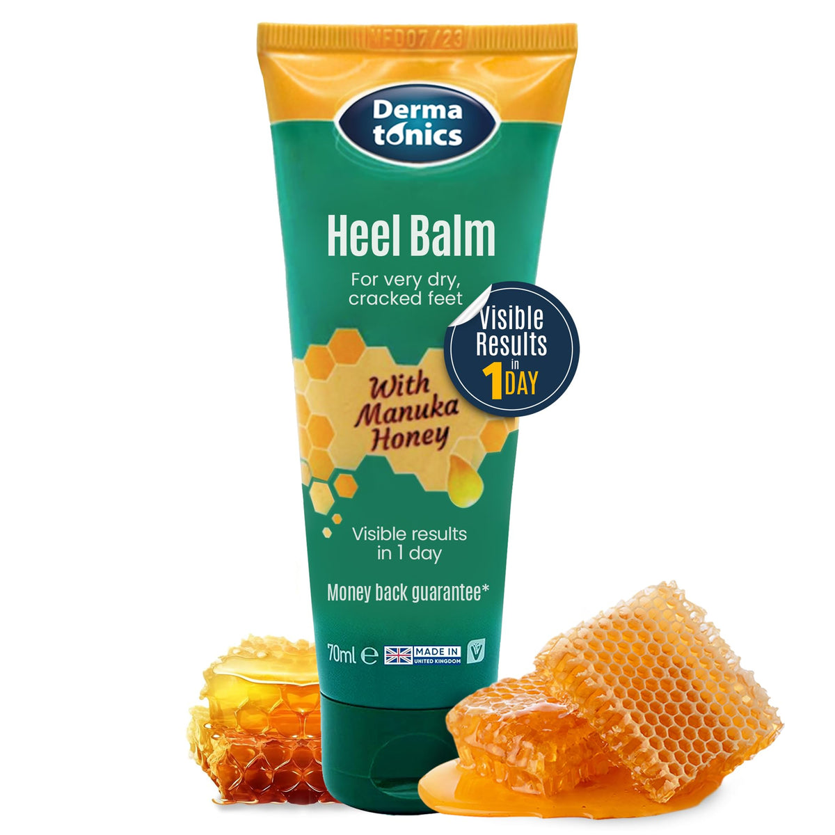 Dermatonics crema para pies, frasco visible, hidrata talones secos y suaviza la piel.