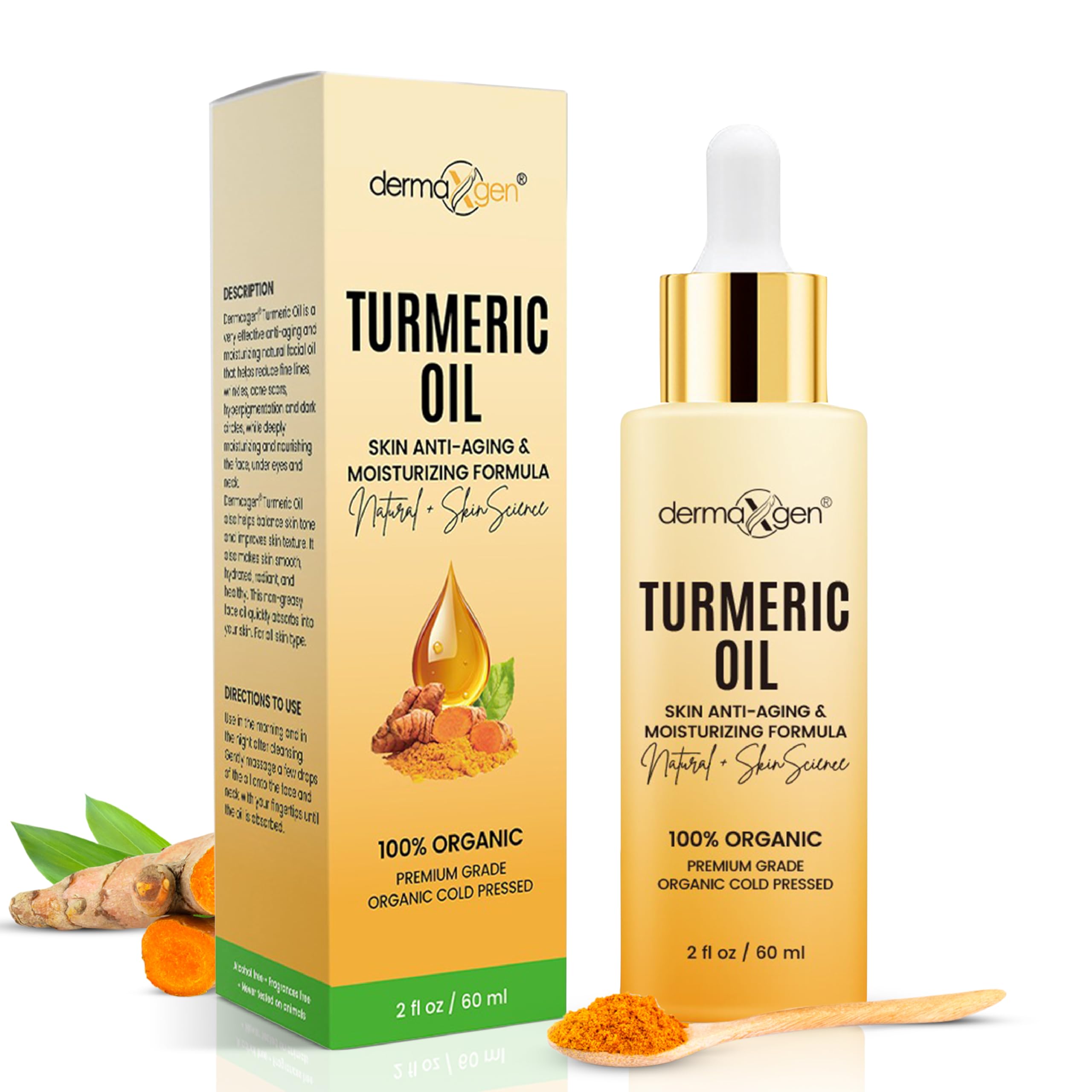 DERMAXGEN aceite de cúrcuma para piel en bote, iluminación suave.