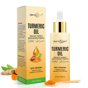 DERMAXGEN aceite de cúrcuma para piel en bote, iluminación suave.
