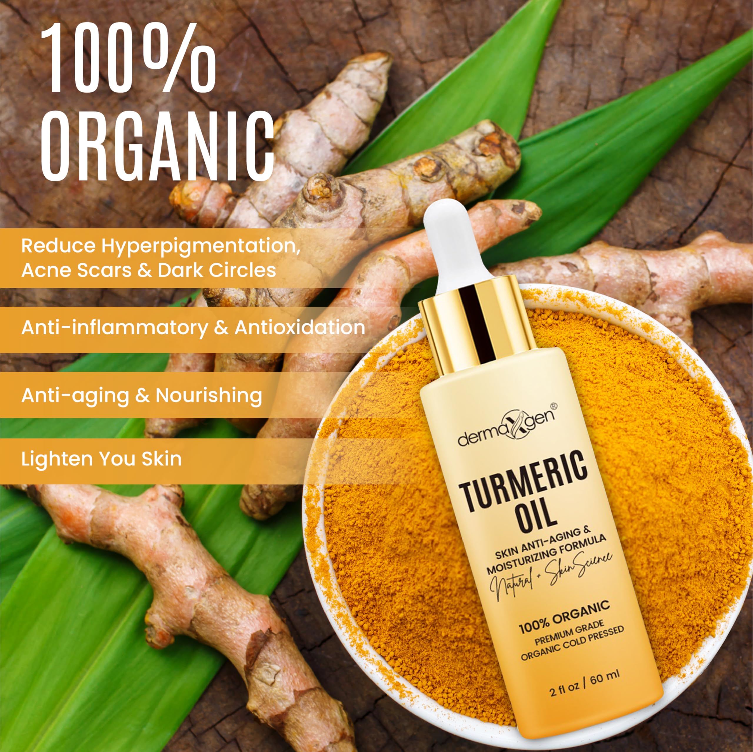 DERMAXGEN textura aceite curcuma, absorción rápida.