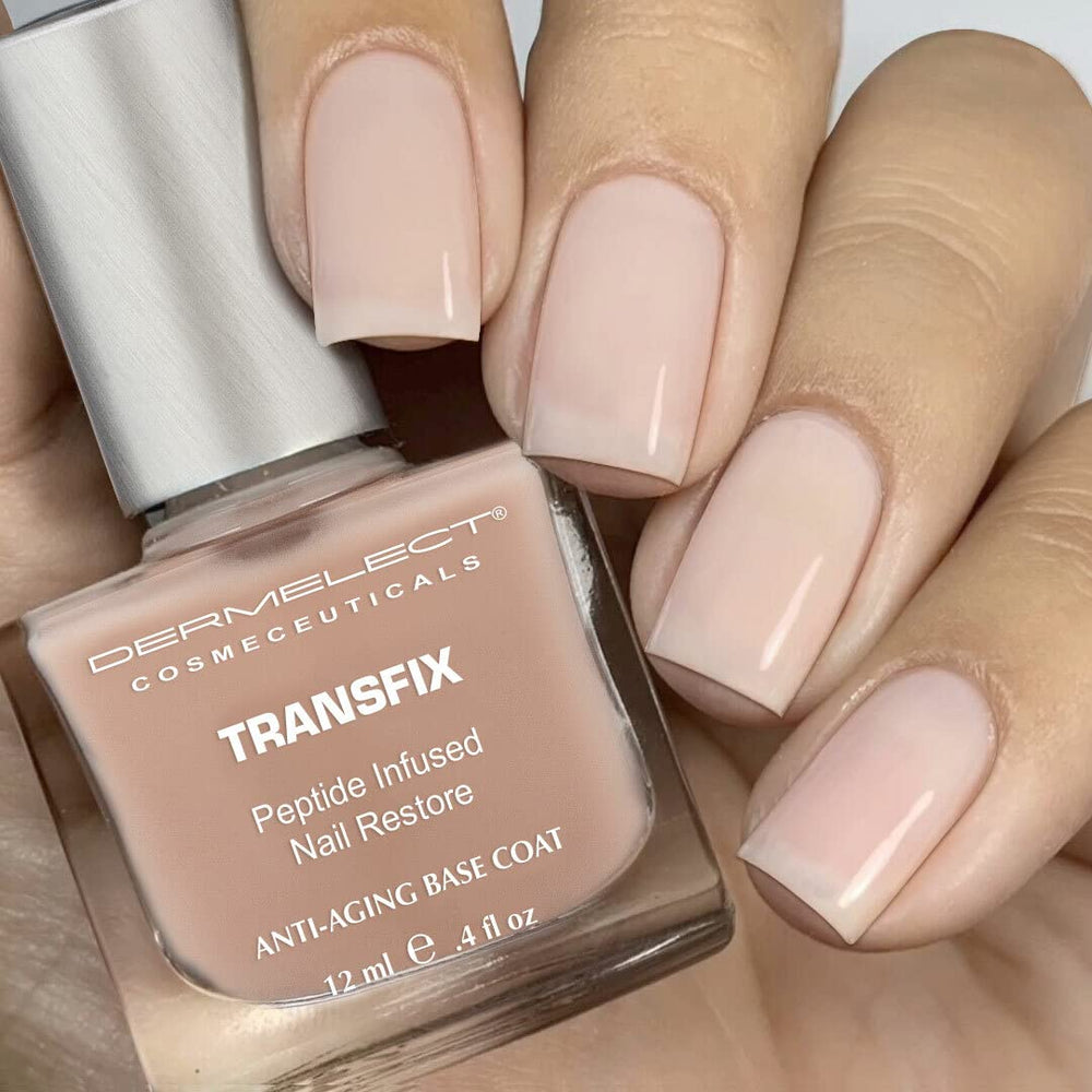 Dermelect Transfix Base Coat, aplicación suave, favorece acabado liso para manicura casera.