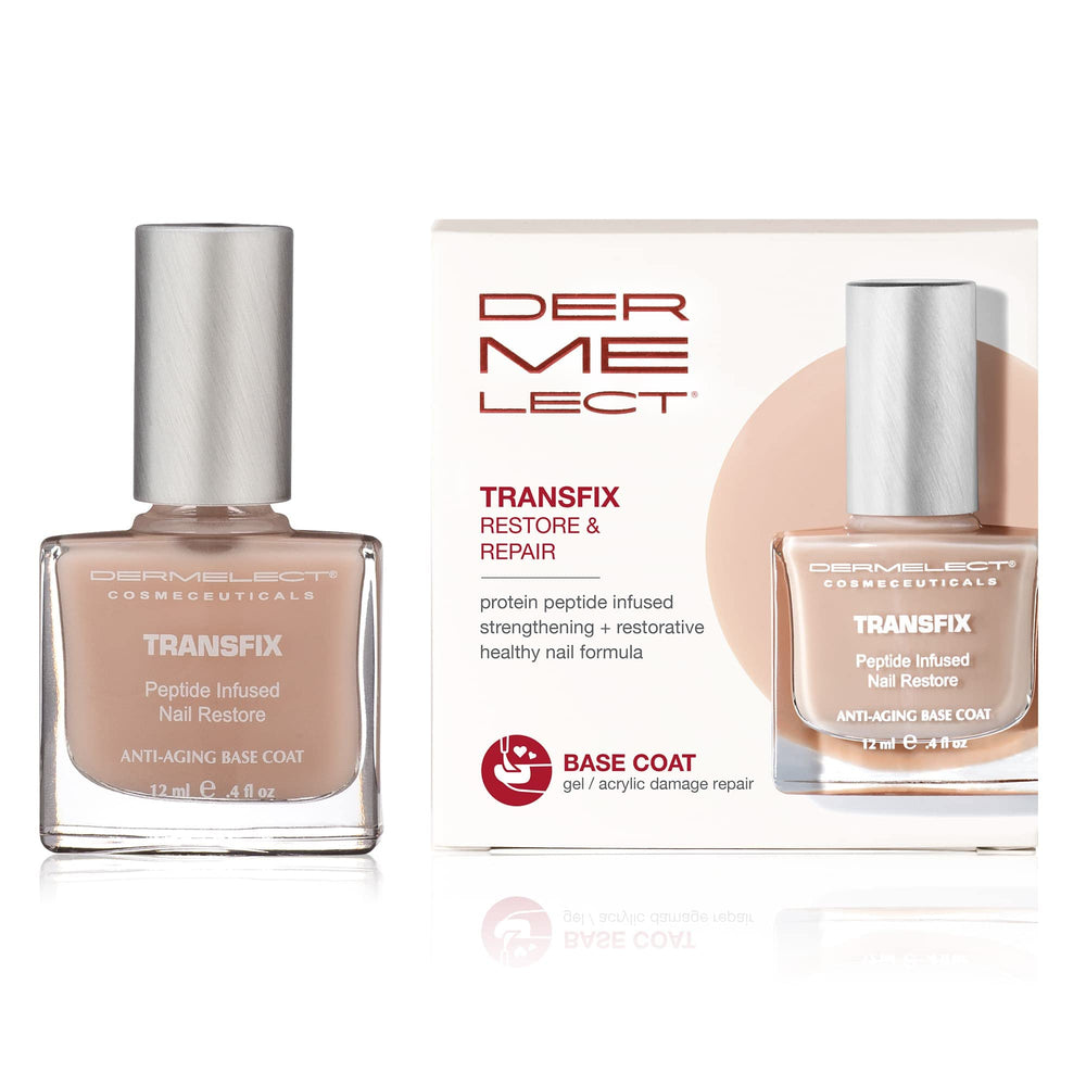 Dermelect Transfix Base Coat, bote frontal, fortalece uñas débiles y mejora resistencia.
