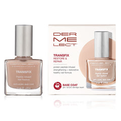 Dermelect Transfix Base Coat, bote frontal, fortalece uñas débiles y mejora resistencia.