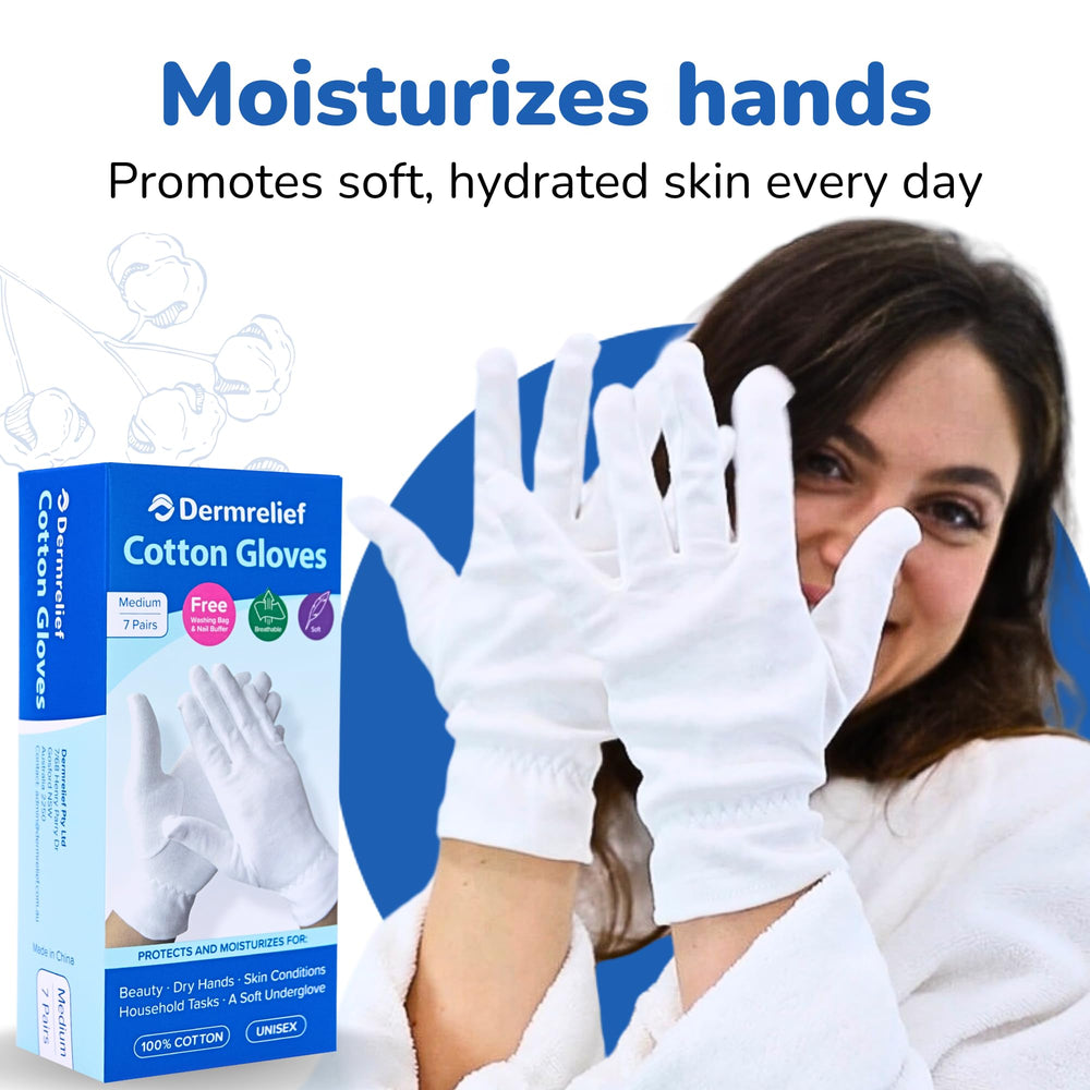 Dermrelief guantes algodón, tela duradera; lavado y reutilización fácil.