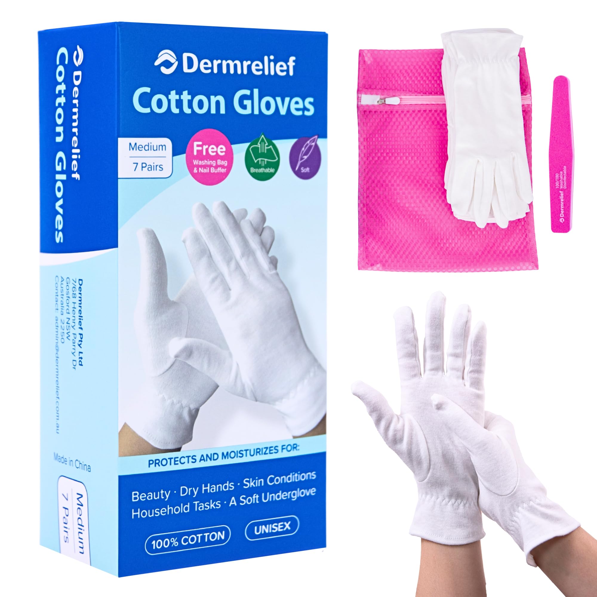 Dermrelief guantes algodón, textura suave para uso diario y confort nocturno.
