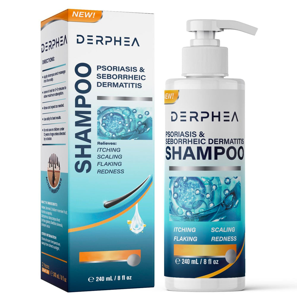 DERPHEA champú: botella destacada para alivio del picor y la descamación.