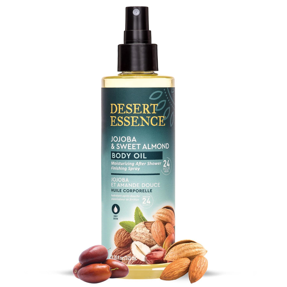 Desert Essence frasco de aceite corporal con textura suave para piel sensible.