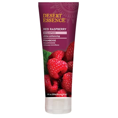 Desert Essence Frambuesa Roja Champú: etiqueta destacando limpieza suave.