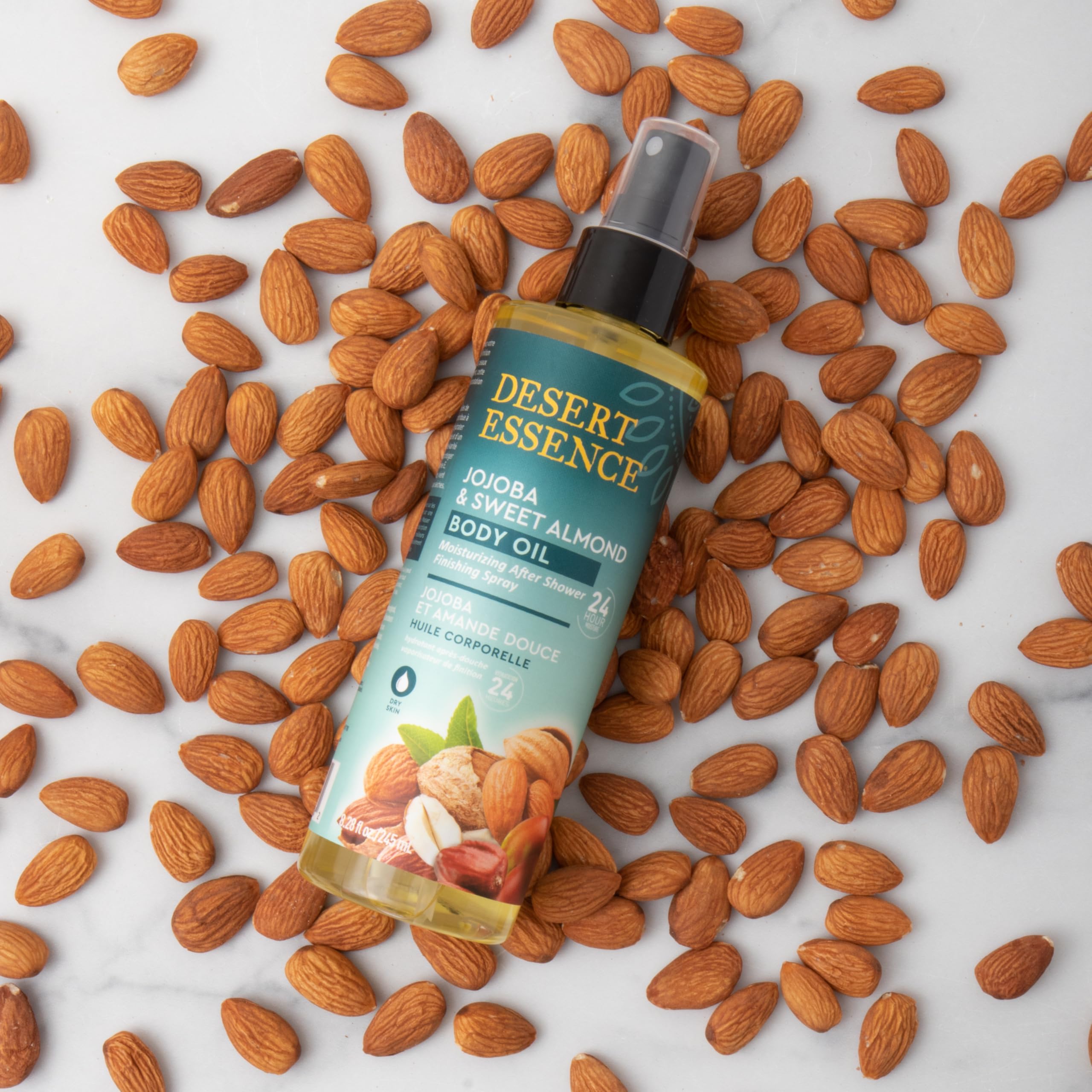 Desert Essence ingredientes nutritivos como jojoba, coco y almendra para piel nutrida.