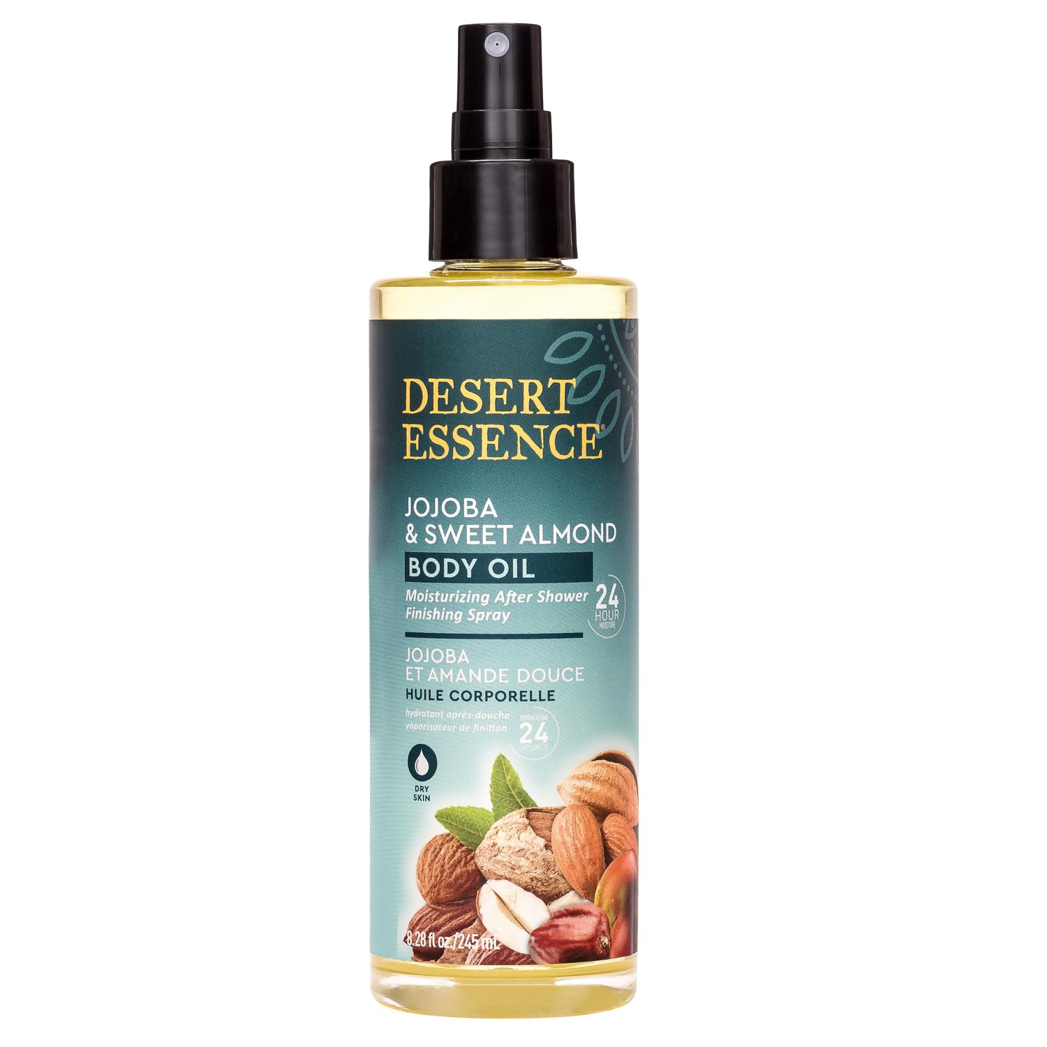 Desert Essence spray corporal con jojoba y almendra para hidratación ligera.