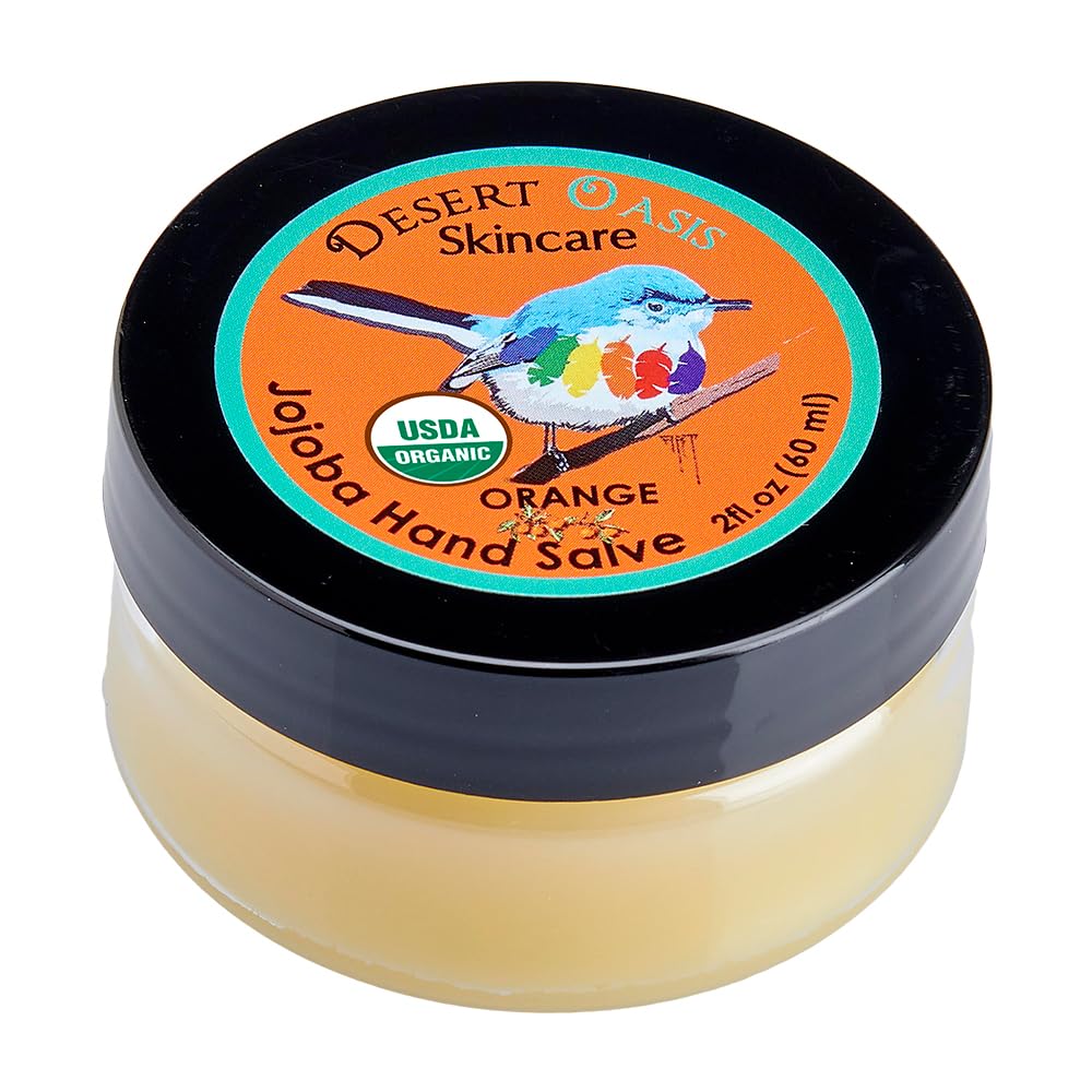 Desert Oasis Bálsamo de Mano Naranja, envase 2 oz, hidratación suave para manos secas.