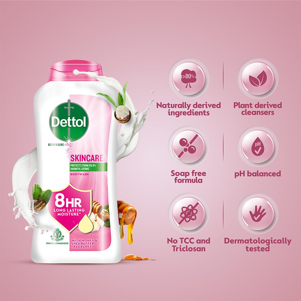 Dettol Nourish: caja de empaque elegante en estantería.