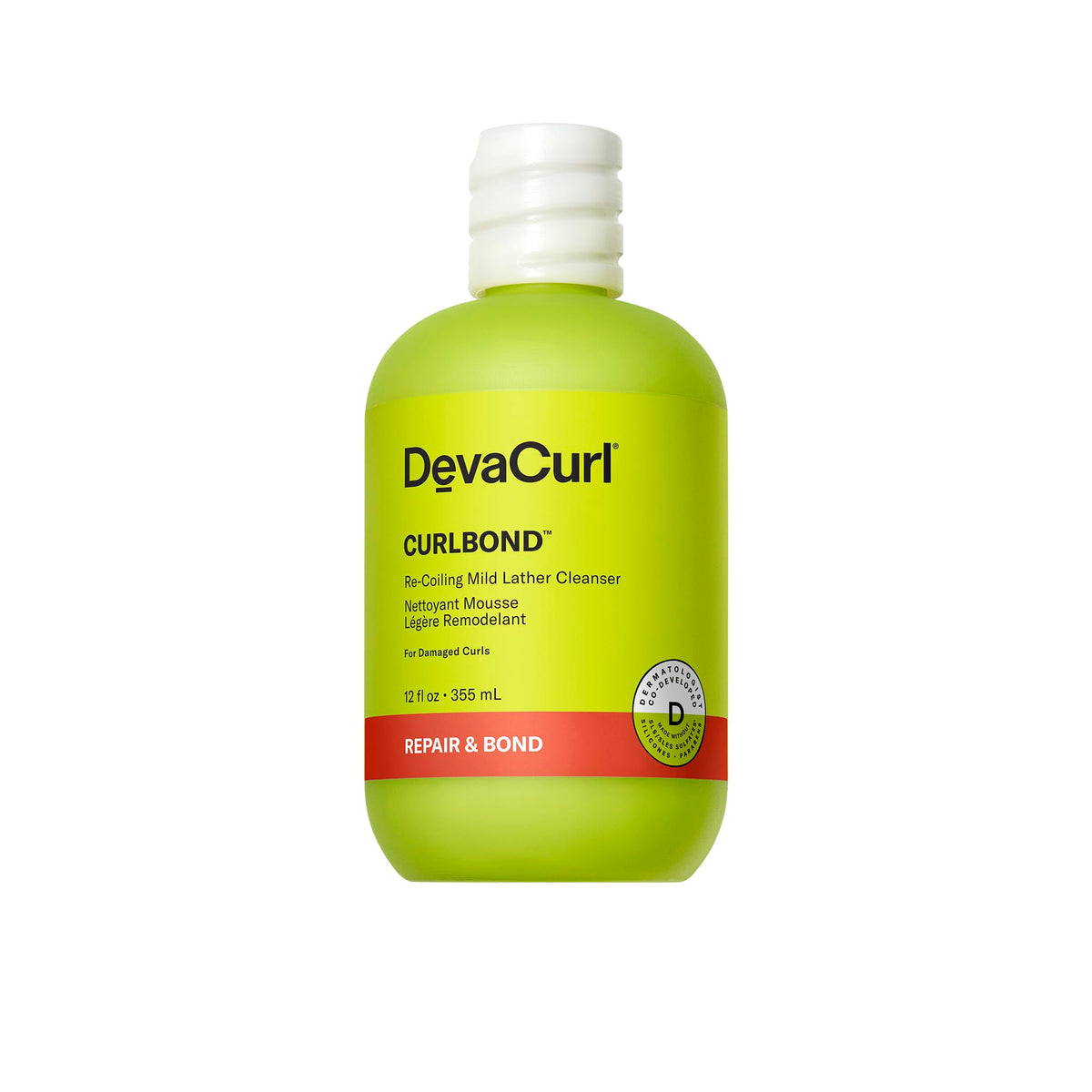 Botella DevaCurl CurlBond, limpiador suave para uso diario en rizos.
