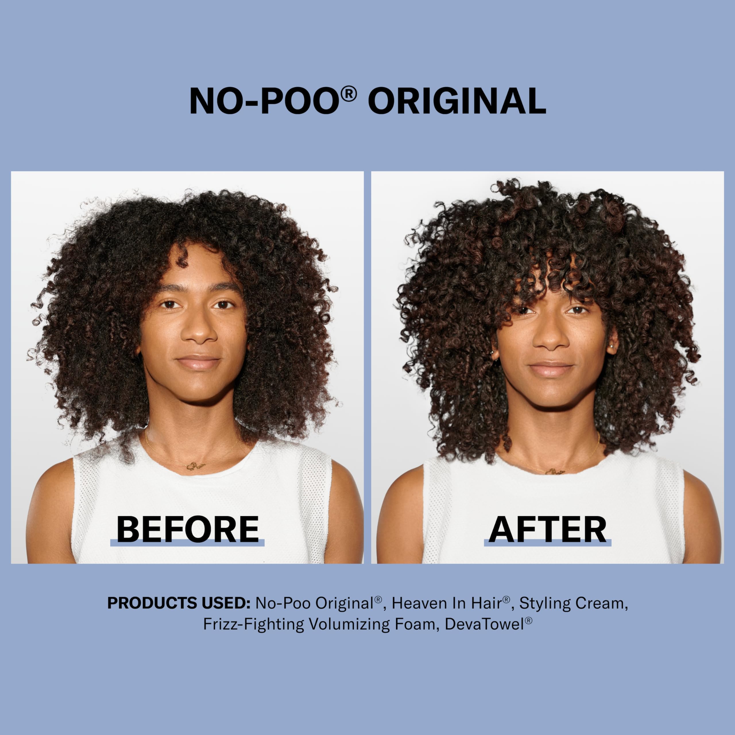 DevaCurl No-Poo Original, cabello tras lavado, brillo natural sin encrespamiento.