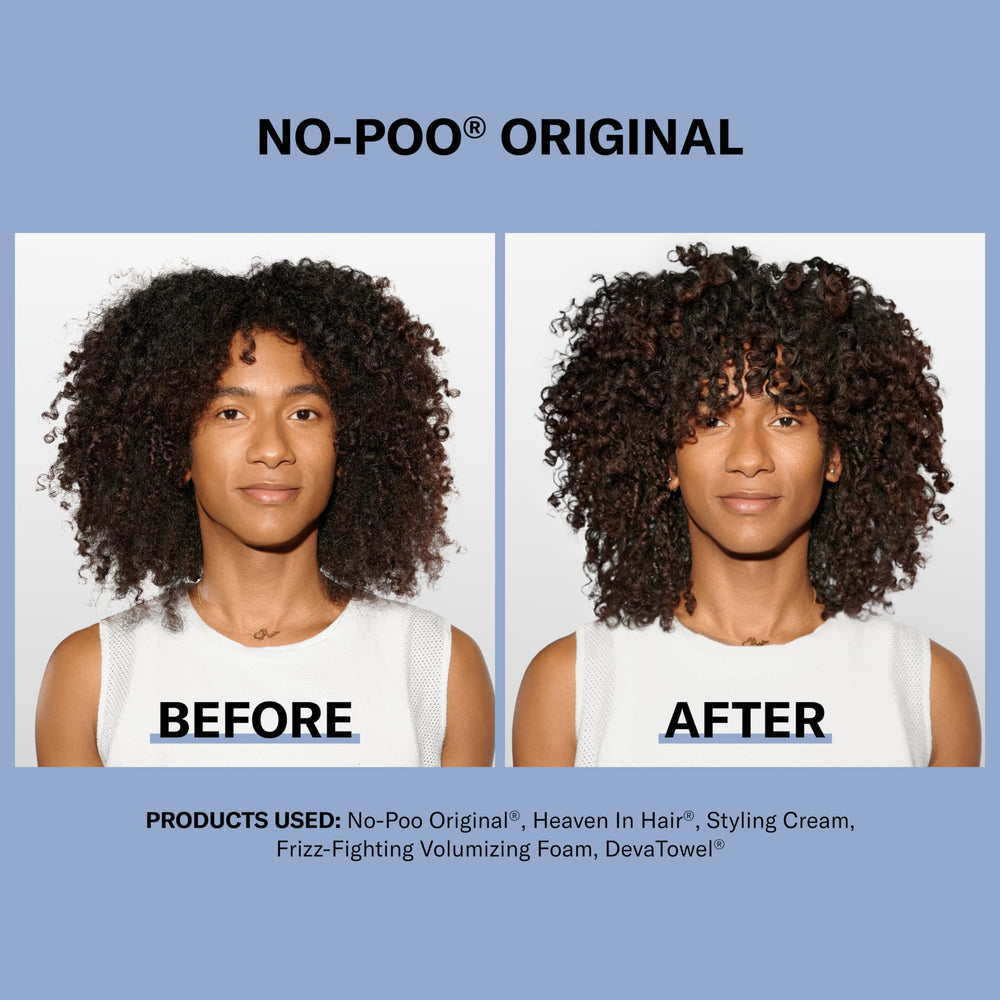 DevaCurl No-Poo Original, cabello tras lavado, brillo natural sin encrespamiento.