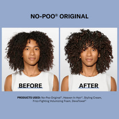 DevaCurl No-Poo Original, cabello tras lavado, brillo natural sin encrespamiento.