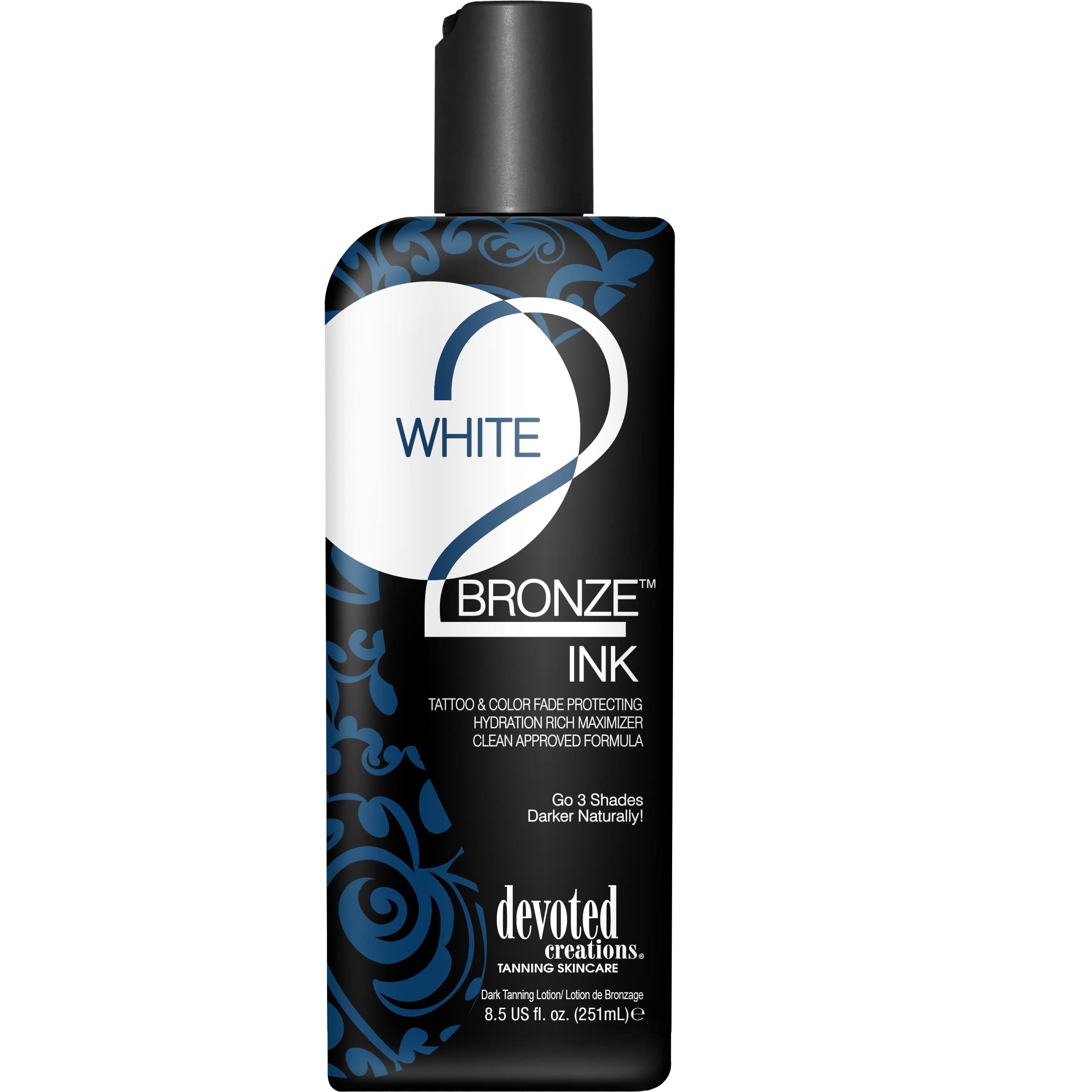 Devoted Creations Blanco 2 Bronce: botella visible, protección de tatuaje durante el bronceado.