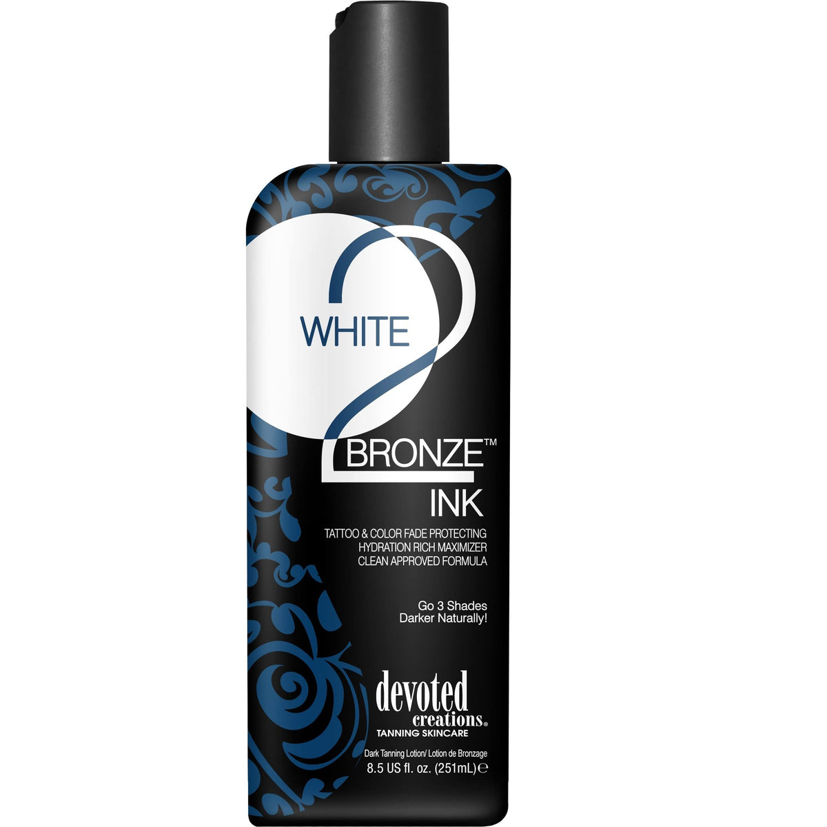 Devoted Creations Blanco 2 Bronce: botella visible, protección de tatuaje durante el bronceado.