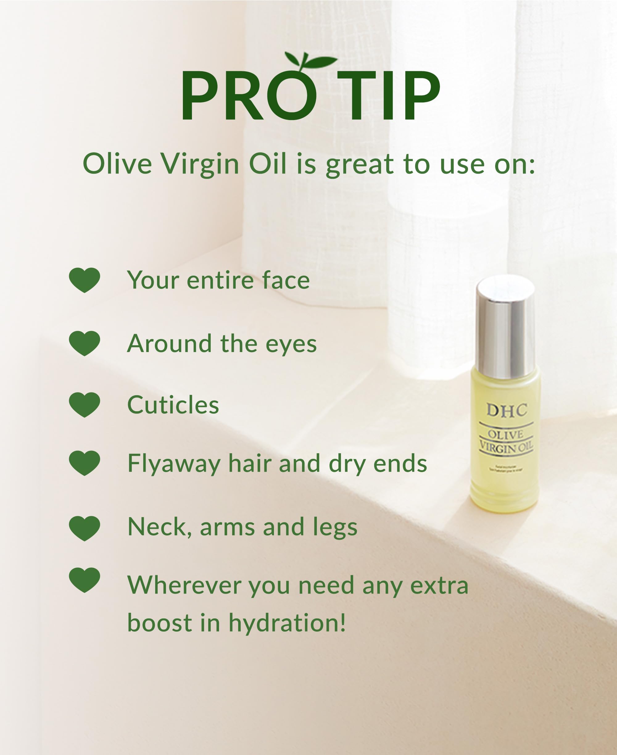 DHC Aceite Virgen de Oliva aplicado en rostro para brillo natural.
