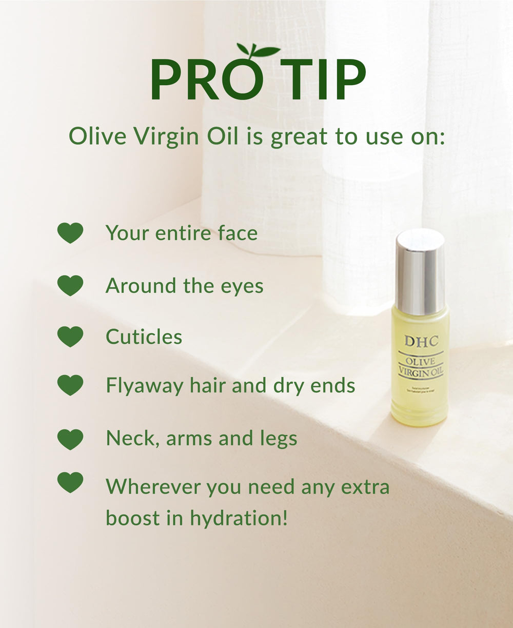 DHC Aceite Virgen de Oliva aplicado en rostro para brillo natural.