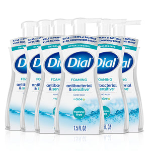 Dial Antibacterial Defense foaming bottle front shows fragrance-free hand wash for daily use