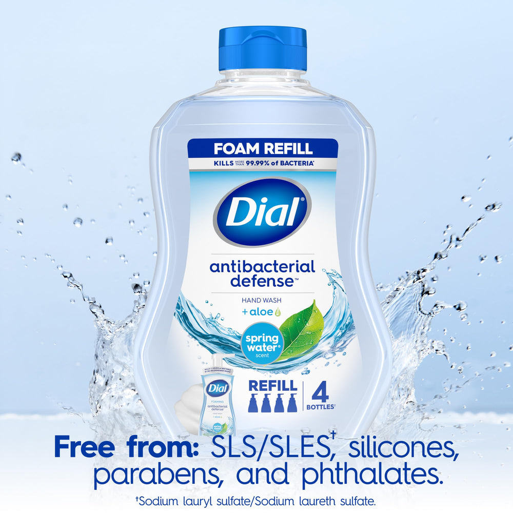 Refil de 4 botellas Dial Defensa antibacterial para ahorro y conveniencia.