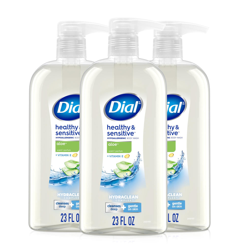 Dial Gel de Ducha Saludable y Sensible con Aloe, frente de la botella para cuidado suave diario.