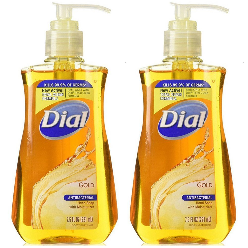 Dial jabón líquido antibacteriano oro en botella, limpia y cuida la piel de las manos.