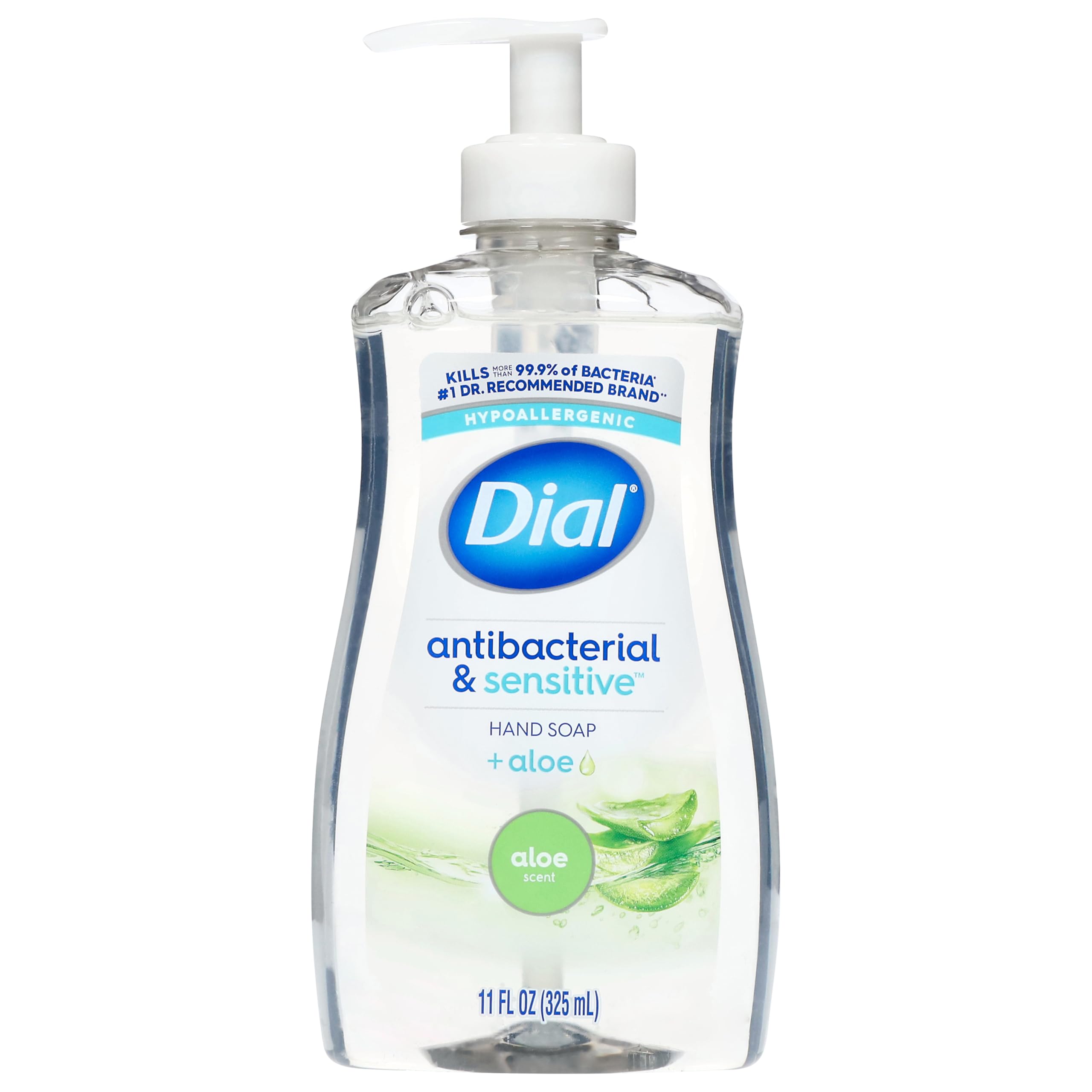 Dial Jabón líquido antibacterial con aloe, botella vertiendo, para higiene de manos diaria.