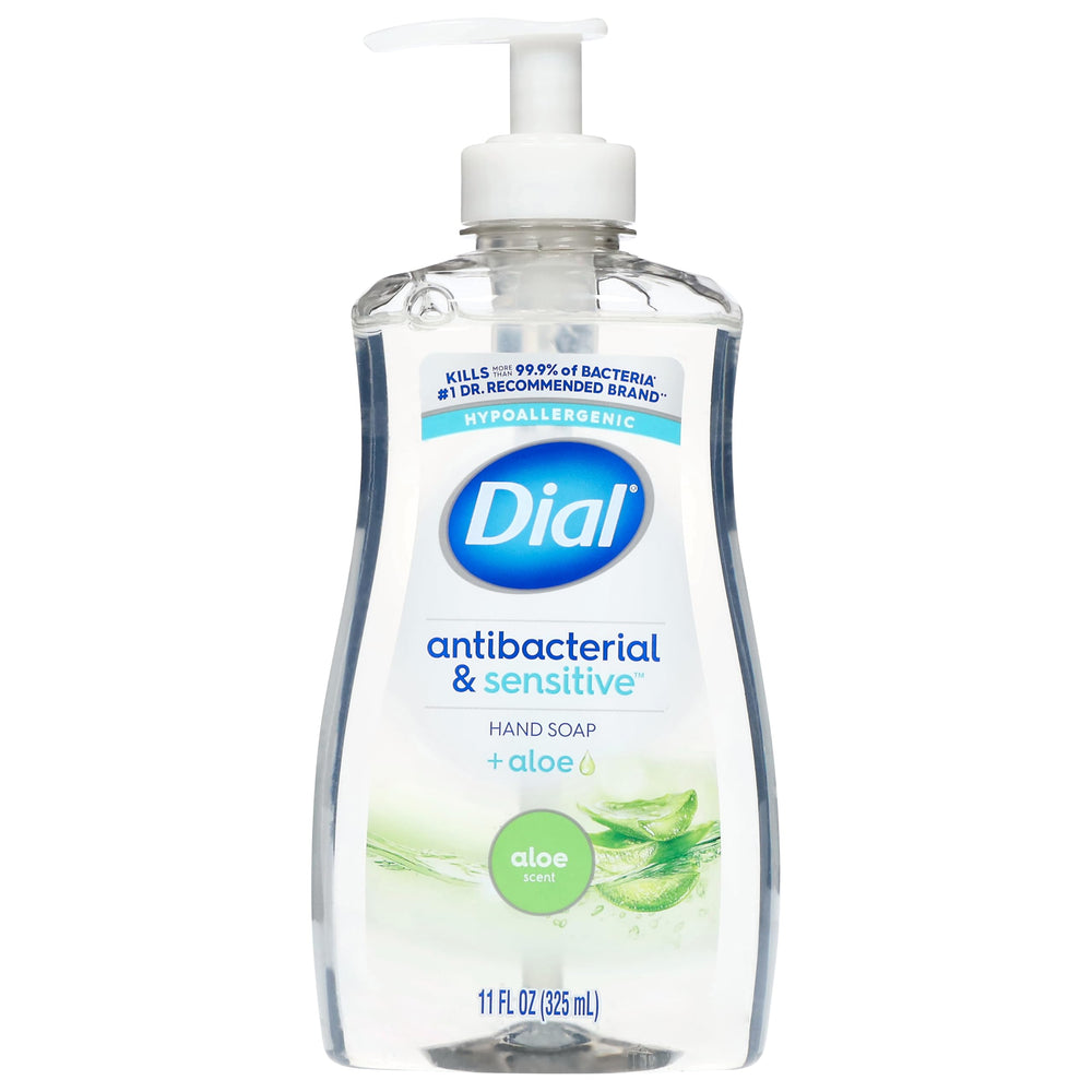 Dial Jabón líquido antibacterial con aloe, botella vertiendo, para higiene de manos diaria.