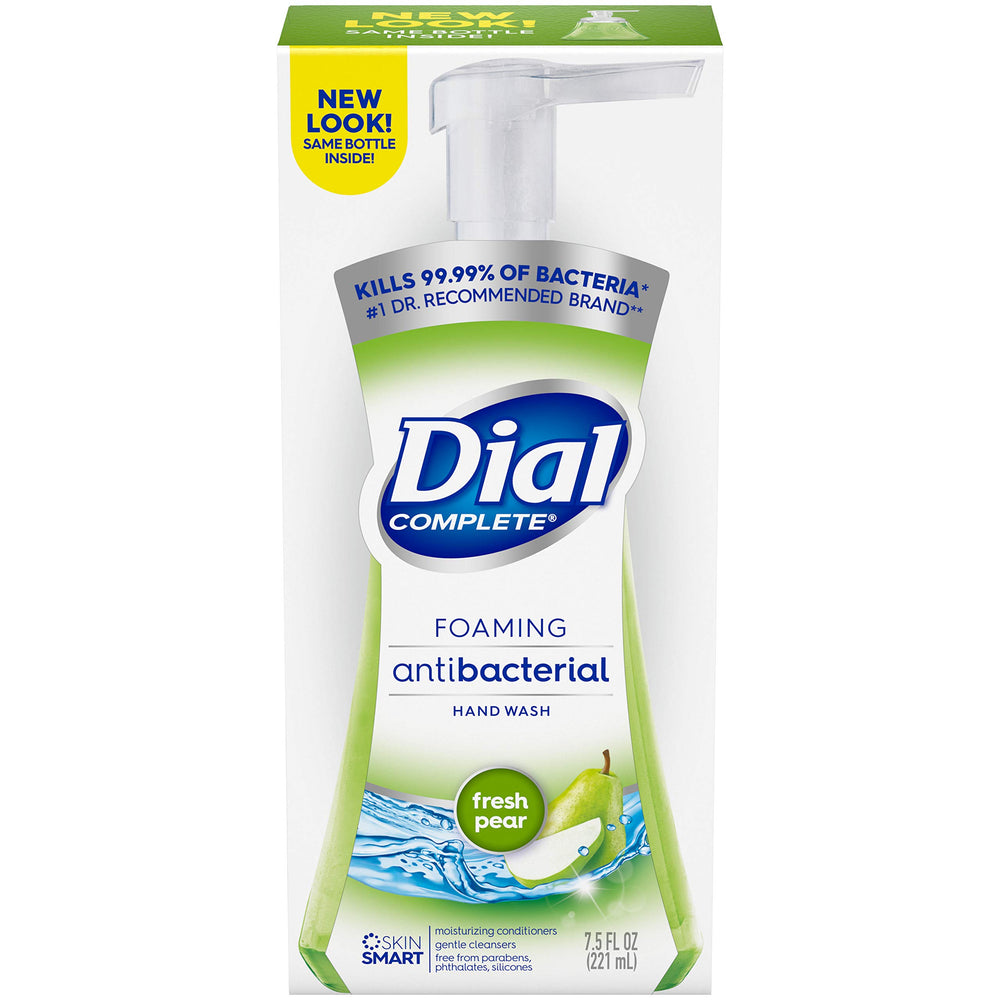 Dial Jabón de manos espumoso antibacteriano con pera fresca, frasco para uso diario.