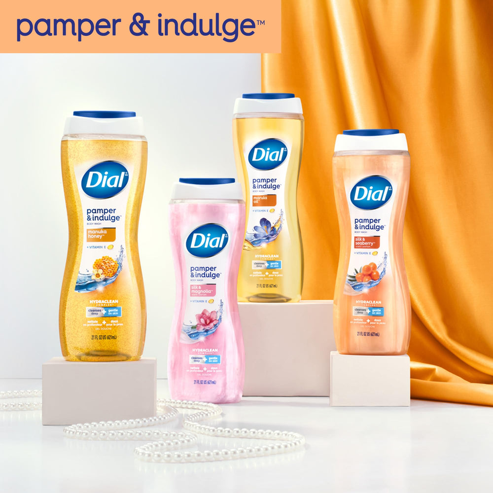 Dial Pamper & Indulge Silk & Magnolia, cuidado diario sin parabenos ni sulfatos.