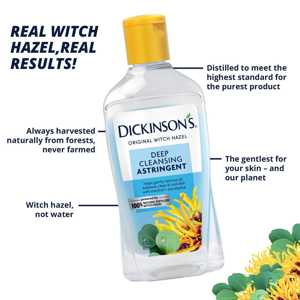 Dickinson's hamamelis, etiqueta orgánica, destaca ingredientes naturales para la piel.