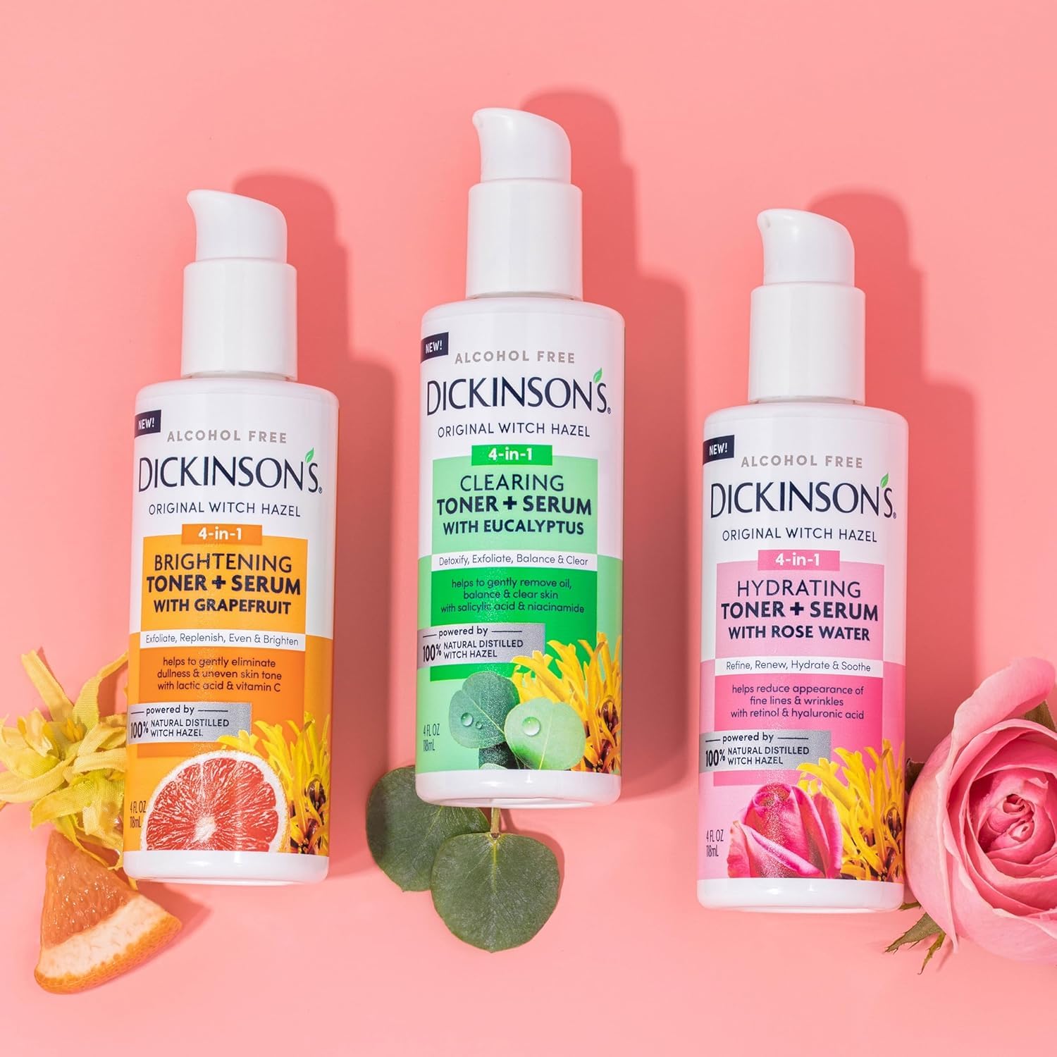 Sin alcohol Dickinson's tonico-serum, cuidado suave para piel sensible.