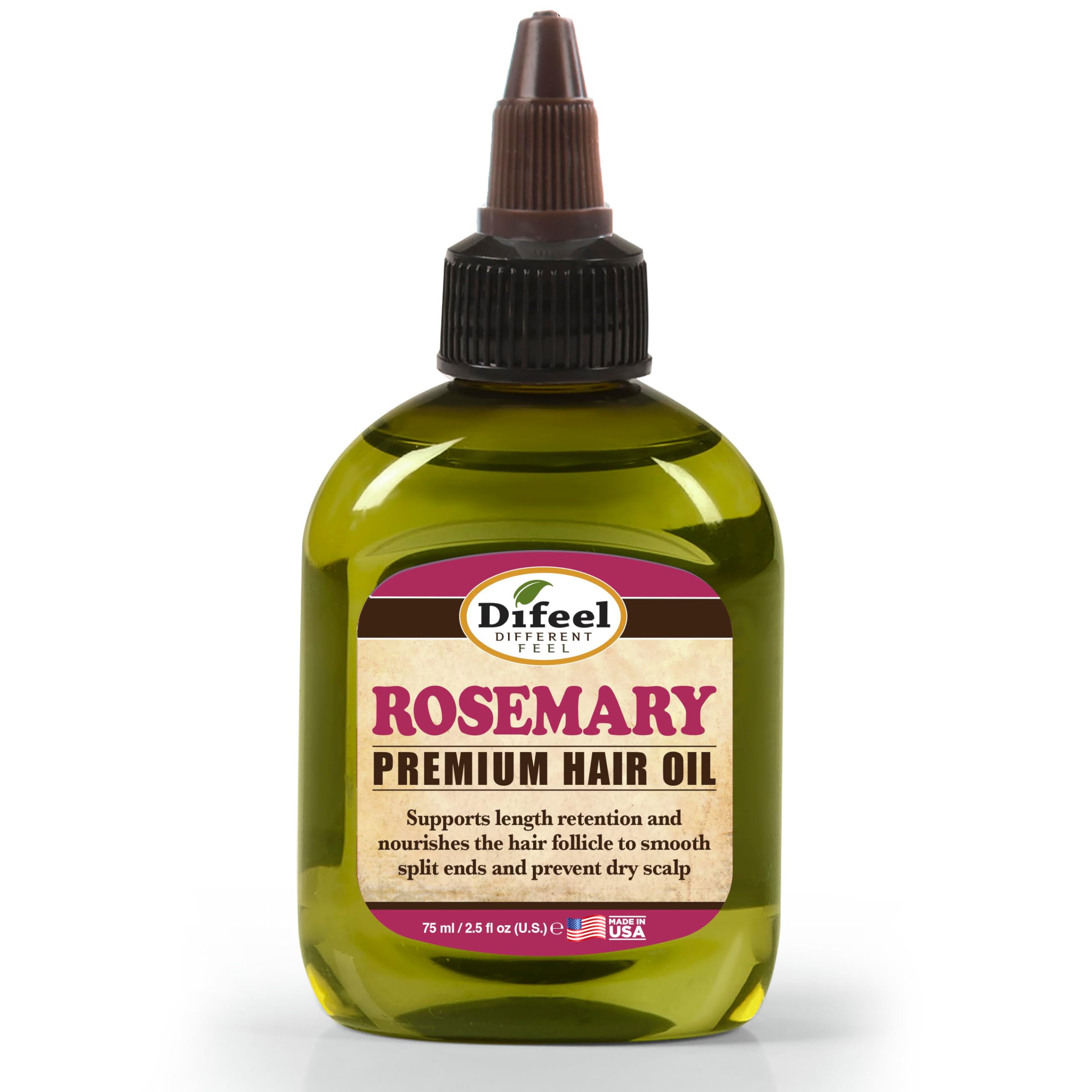 Difeel aceite de romero en frasco 75 ml para nutrición capilar.
