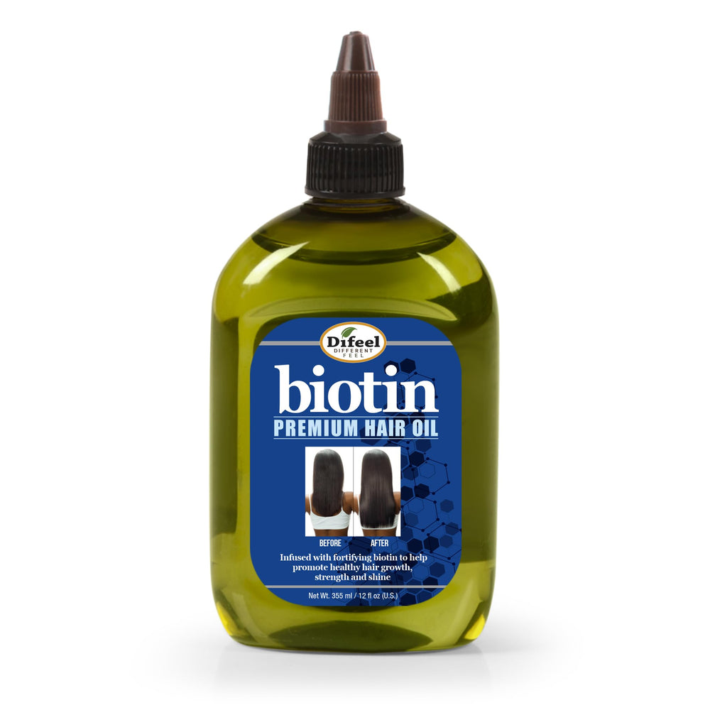 Difeel Biotin Premium Hair Oil en botella de 12 onzas para brillo suave.