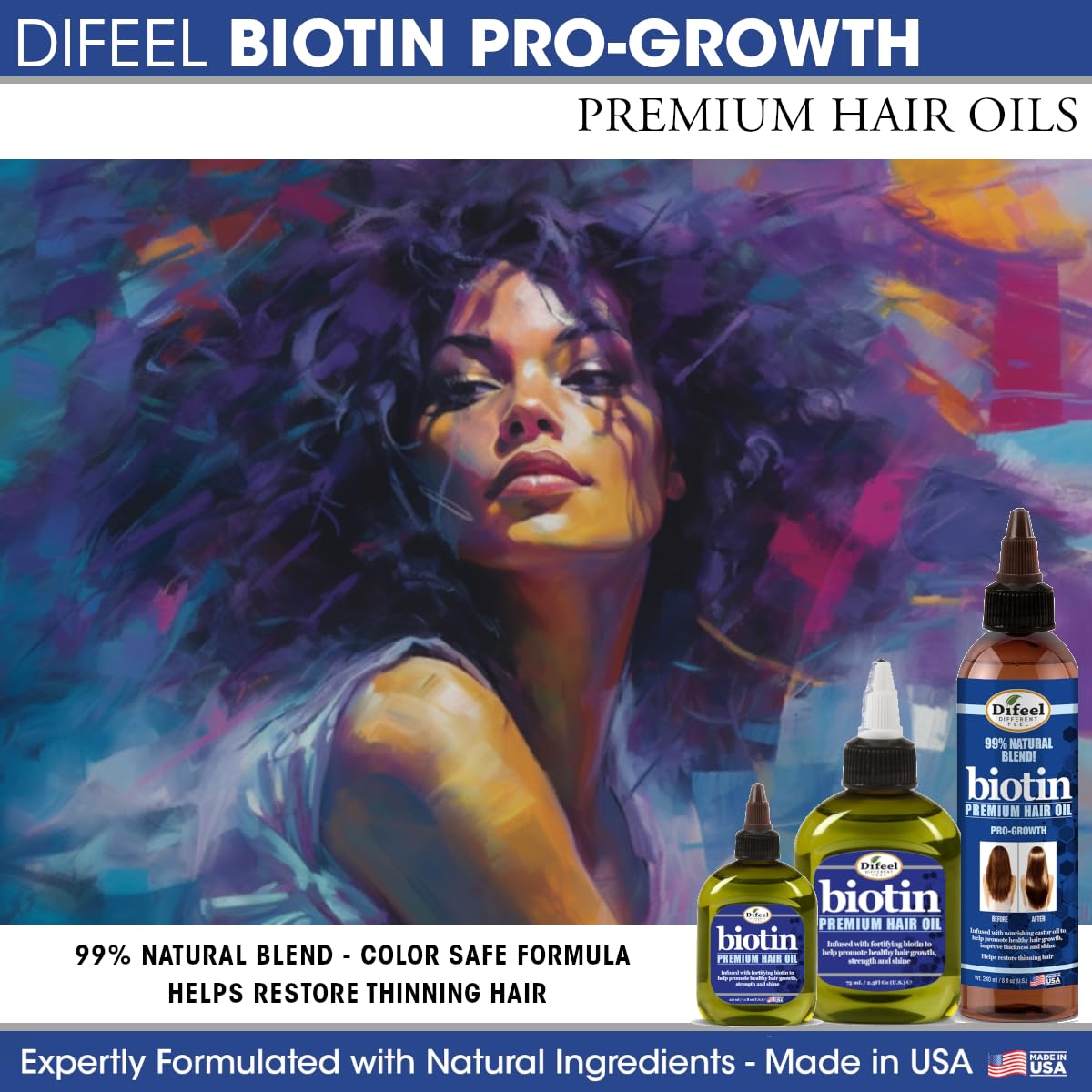 Cuidado suave del cabello con Difeel Biotin Premium Hair Oil para puntas.