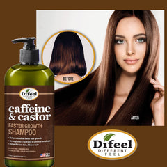 Difeel Champú Caféina y Ricino, espuma rica para lavado suave.