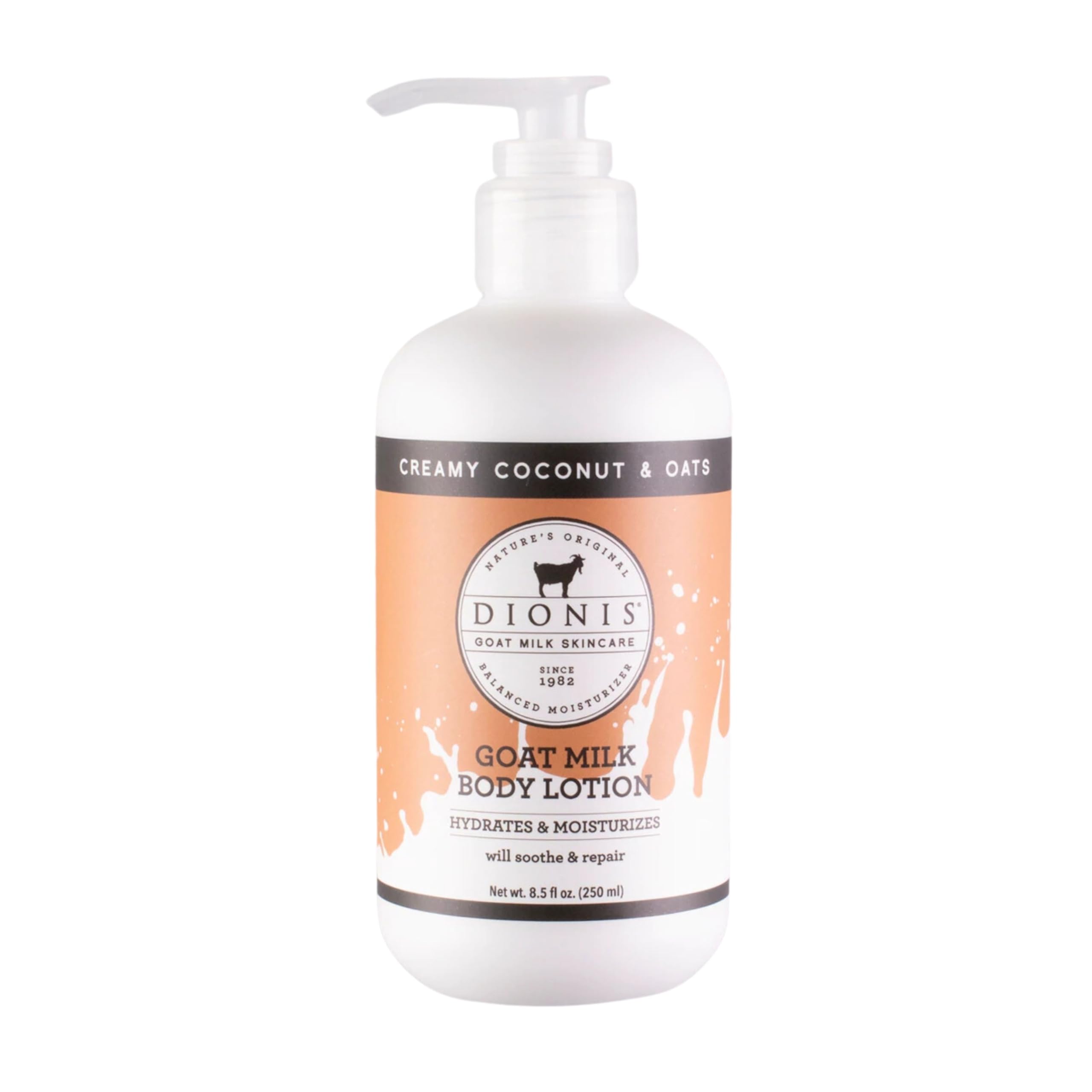 Dionis Leche de Cabra crema coco avena en botella 8.5 oz para hidratación suave.