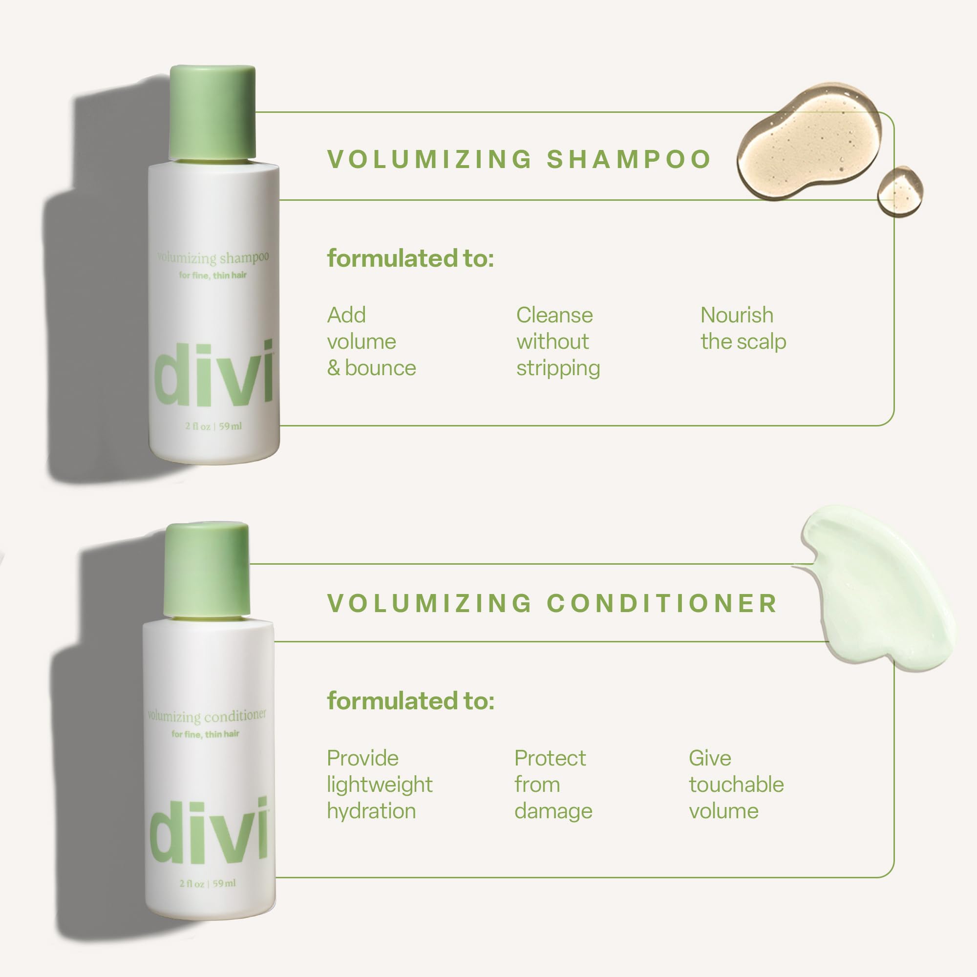 Divi champú voluminizante, aplicación suave para cabellos finos.