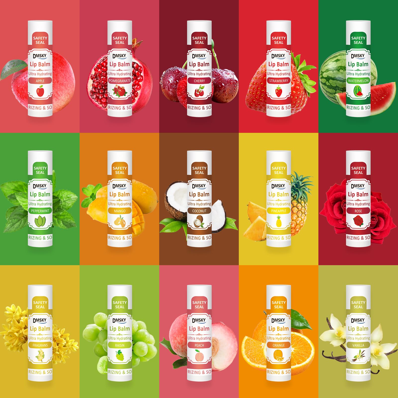 Selección de 15 sabores de bálsamo labial DMSKY para diferentes gustos.