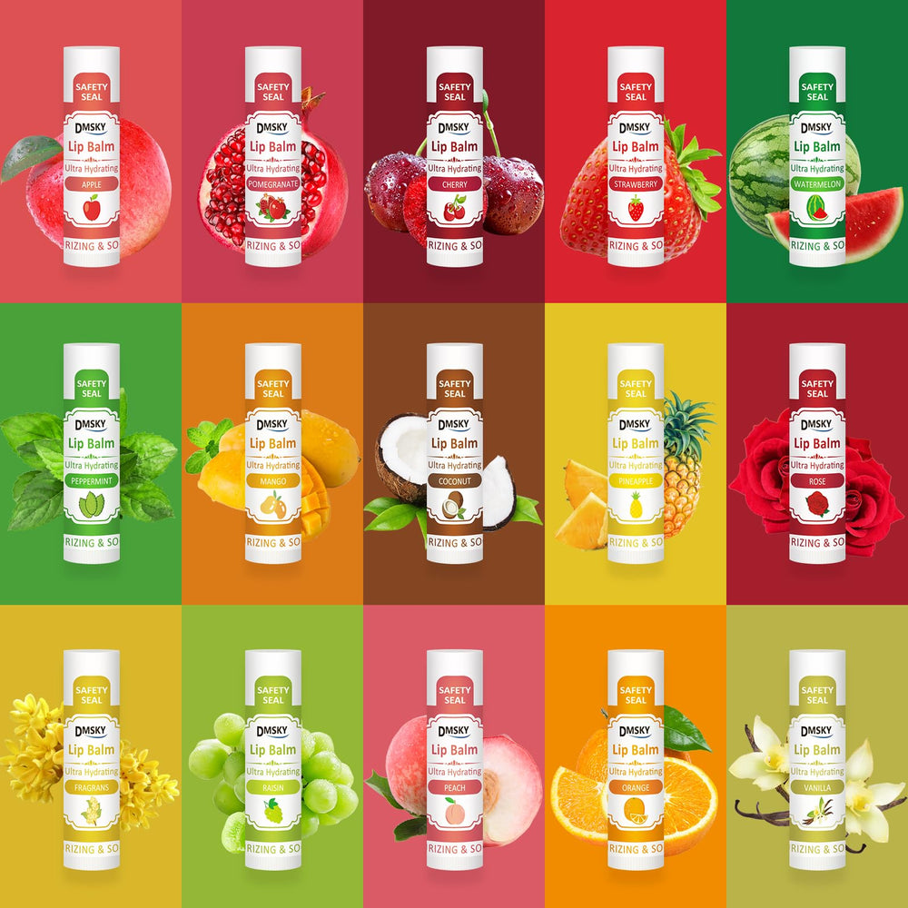 Selección de 15 sabores de bálsamo labial DMSKY para diferentes gustos.