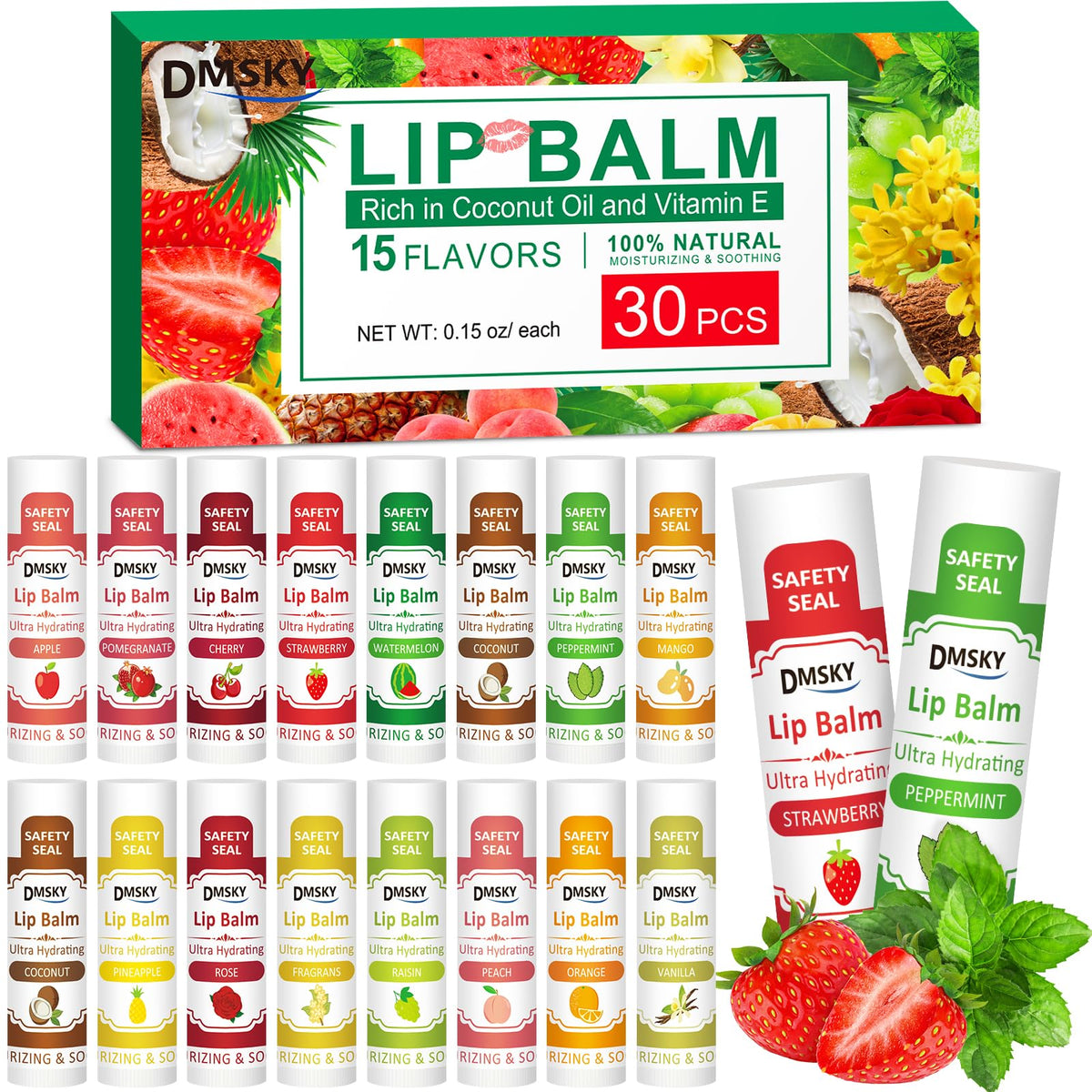 Bálsamo labial DMSKY en estuche de 30 unidades con sabores variados para hidratación diaria.