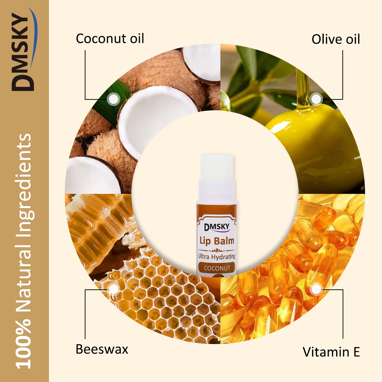 Bálsamo DMSKY con aceite de coco y vitamina E para hidratación suave.